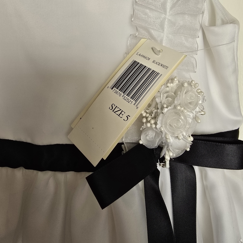 NWT Laura Ashley White Embroidered Dressy  Dress with Black Ribbon Flower Girl - Picture 3 of 5